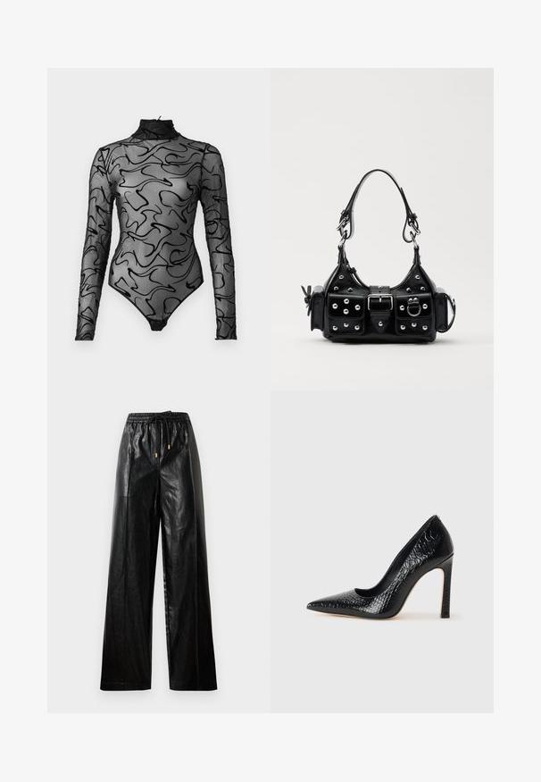 Musta pitkätakki bodysuit, jossa on läpinäkyvää verkkoa ja abstrakteja mustia pyörteitä, korkeakaulus ja alhaalla nepparit.; Mustat nahkaiset leveälahkeiset housut, joissa on joustava vyötärö, naru ja kultaiset yksityiskohdat. Sileä pinta ja väljä istuvuus.; Musta kapea nilkkakorkokenkä krokotiilin nahkakuviolla, joka on varustettu tyylikkäällä muotoilulla, korkealla stiletto-korkealla ja sileällä mustalla sisäosalla.; Musta nahkainen käsilaukku, jossa on kaareva muotoilu, hopeiset niitit, solki ja kaksi sivutaskua. Säädettävä olkahihna erilaisiin kantovaihtoehtoihin.