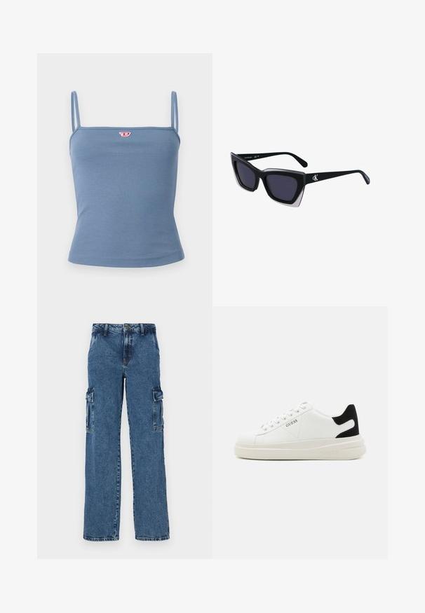 Sinine ribaga tank top õhukeste spagetti rihmadega; ees on väike punane logo. Sujuv tekstuur, keha lähedane disain ja ilma kaunistusteta.; Sinine denimist cargo püksid lõdva istumisega, millel on kaks küljetaskut, tugevdatud õmblused ja sirge jala disain.; Valged nahast tennisetossud paksu valge tallaga, musta sametist kontsakeeuga ja külje peal riigilogo reljeefne kujundus. Lukkeskeem kuue silmaauguga.; Mustad suured mustad prillid geomeetrilise kujuga, tumedate läätsedega ja kontrastse halli detailiga raamidel. Logo käe peal.