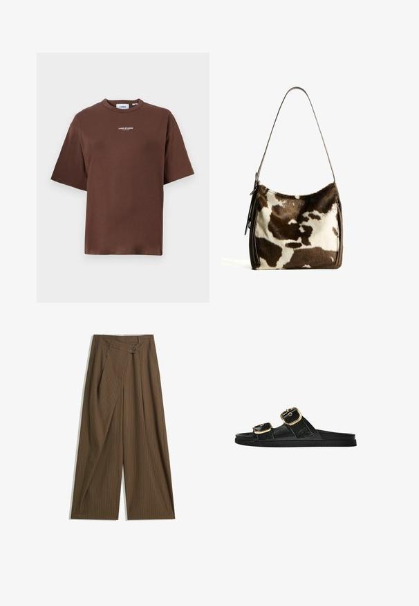 Hnedé bavlnené tričko s voľným strihom, okrúhlym výstrihom a krátkymi rukávmi. Na prednej strane má malé textové logo "JJXX STUDIO".; Hnedé široké nohavice s tenkými bielymi prúžkami, vysoký pás, predné zapínanie na gombík a preklápanie na prednej strane.; Čierne šľapky s dvoma zlatými prackami, hladký textúrovaný materiál, plochá podrážka a minimalistický dizajn.; Hnedo-krémová kravská koža cez plece s hladkým koženým remienkom, zipsovým uzáverom a mäkkým, textúrovaným povrchom s prírodným vzorom.