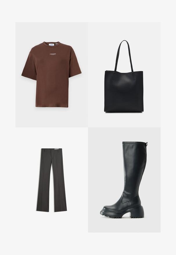 Barna pamut póló laza szabással, kerek nyakkivágással és rövid ujjakban. Elöl kis "JJXX STUDIO" felirattal rendelkezik.; Szürke, bővülő nadrág sima anyagból, lapos elejű, övakasztókkal, elegáns fazonban, tiszta vonalakkal.; Magas fekete bőrcipő, vastag platform talppal és blokk sarokkal, húzófüllel és texturált profillal az outsole-on.; Fekete bőrtáska sima felszínnel, téglalap alakú, két hosszú füllel. Nincs látható fémkiegészítő vagy díszítés.