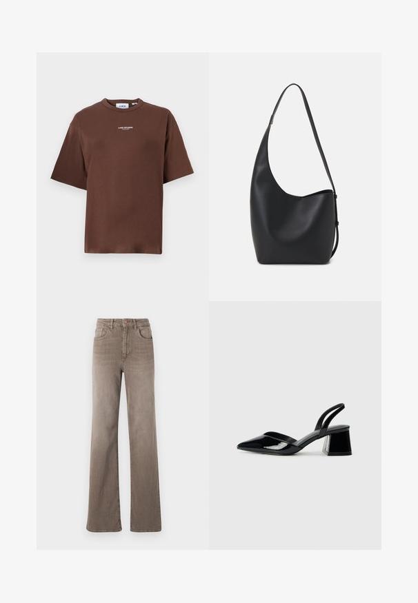 Ruda medvilninė marškinėliai su laisvu siluetu, apvaliu iškirpimu ir trumpomis rankovėmis. Priekyje yra mažas užrašas "JJXX STUDIO".; Rudos aukšto liemens tiesios kojos džinsai su priekyje esančiu mygtuku, dirželio kilpomis ir klasikiniu penkių kišenių dizainu baltoje fone.; Juodos lakuotos odinės šlepetės su smailiu pirštu ir geometriniu bloko kulnu. Turi elegantišką, minimalistinį dizainą ir lygų paviršių.; Juodas odinis hobo maišas su lygiu paviršiumi, kreipta forma ir viena reguliuojama rankena; turi platų atidarymą viršuje.