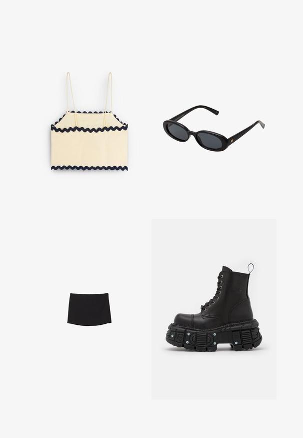 Cremfarbener Crop-Top mit marineblauen gewellten Besätzen, ausgestattet mit dünnen Trägern und einem einfachen rechteckigen Design. Weicher Stoff und leichtes Material.; Schwarzer Minirock aus glattem, dehnbarem Stoff; mit geradem Schnitt, subtilem Saum und ohne sichtbare Verschlüsse oder Muster.; Schwarze Lederkampfstiefel mit hohem Schaft, Schnürverschluss, robuster Gummisohle und Metallakzenten an der Unterseite der Sohle.; Schwarze, oversized Sonnenbrillen mit ovalen Gläsern, glattem Kunststoffrahmen und goldenen Akzenten an den Bügeln. Die dunklen Gläser bieten Sonnenschutz.