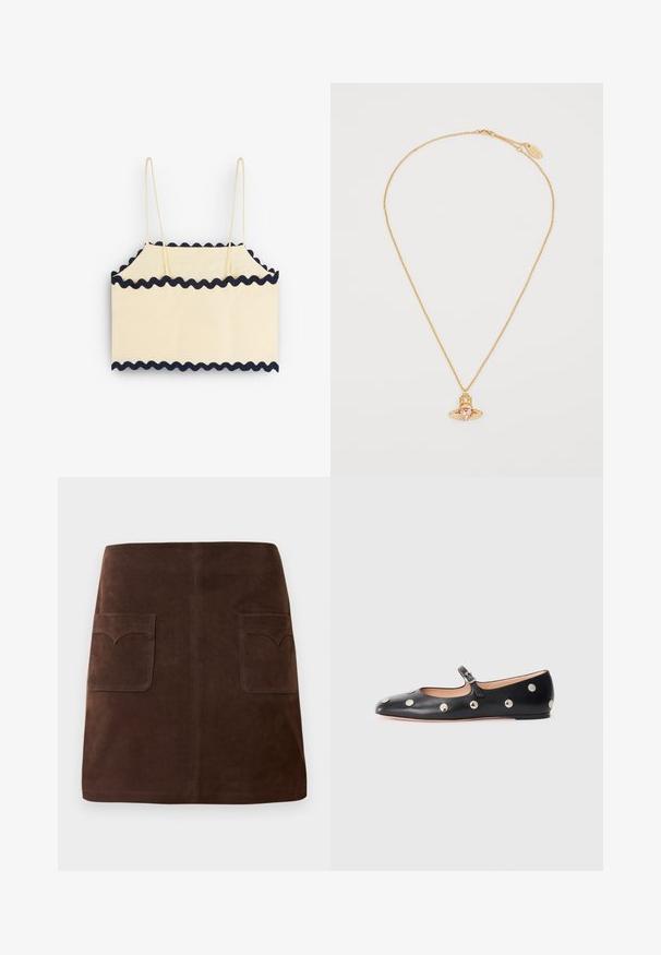 Top scurt de culoare crem, cu margini ondulate bleumarin, având bretele subțiri și un design simplu rectangular. Textură moale și material ușor.; Fustă din suede maro cu o formă clasică în A, două buzunare frontale cu clape rotunjite și detalii subtile de cusătură.; Pantofii Mary Jane din piele neagră, cu vârful rotund, decorati cu nasturi circulari argintii și o curea ajustabilă cu cataramă.; Colier din aur cu un pandantiv în formă de inimă dintr-un gemstone roz, având un design geometric și mici accente clare.