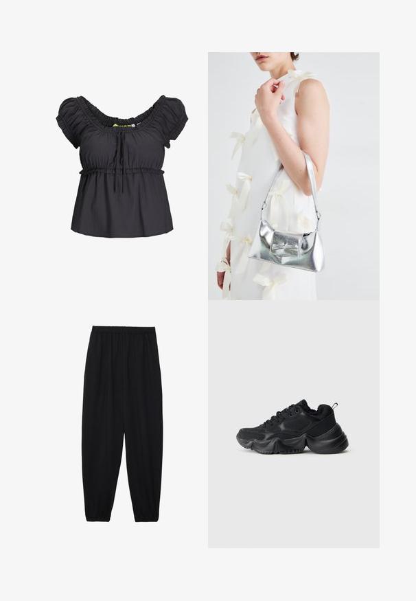 Juoda, trumpa rankovėmis bluzė su surinktu apykaklės kraštu ir elastinga juosmens dalimi. Minkšta medžiaga su laisvu siluetu, su ryšuliuko detale priekyje.; Juodi, lengvi kelnių su elastinga juosmens juosta ir surinktais kulkšniais. Audinys yra lygus ir turi atsipalaidavusį, siaurėjantį dizainą.; Juodi sportbačiai, pagaminti iš lygios ir tekstūruotos medžiagos, su storomis padangomis, apvalia forma ir dekoratyvine siūle. Yra minkštas, pūkuotas kraštas.; Sidabrinė metalinė rankinė su struktūrizuota forma, turinti viršutinę rankeną ir kaspiną priekyje. Lygi tekstūra, atspindinti apdaila.