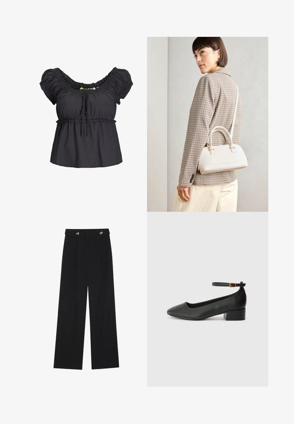 Fekete, rövidujjú blúz összegyűrt nyakkal és rugalmas derékkal. Puha anyag, laza fazon, elöl kötött részlettel.; Fekete, bő szárú nadrág magas derékkal, gombos részletekkel a derékrészen és elülső pliszékkal.; Fekete bőr magassarkú cipő hegyes orral és alacsony tömb sarkal. Bokapánttal rendelkezik, aranyszínű csattal. Simább textúra.; Fehér, strukturált kézitáska rövid füllel és vállpánttal, arany színű fém kiegészítőkkel és texturált anyagból, szürke háttér előtt bemutatva.