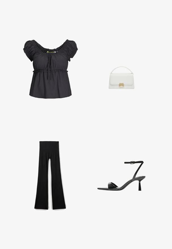 Svart blus med korta ärmar, samlad halsringning och elastisk midja. Mjukt tyg med en avslappnad passform, med en knytdetalj framtill.; Svarta vida byxor i stretchigt tyg, med hög midja och en mjuk textur utan synliga mönster eller detaljer.; Bershka Sandaletter - black; Vit läderhandväska med en strukturerad design, som har ett ovanförhandtag och en guldfärgad lås. Slät textur och minimalistiska detaljer.