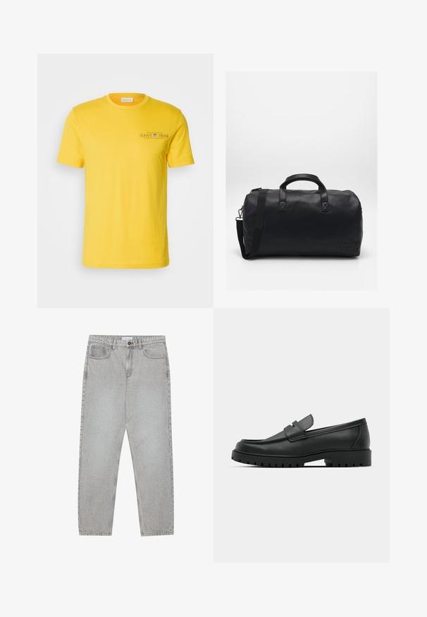 Yellow cotton t-shirt with a crew neck, short sleeves, and a printed logo on the left chest, featuring a smooth texture and casual design.; Light grey denim pants with a straight-leg design, five-pocket styling, and a button closure. Visible stitching along the seams.; Black leather loafers with a rounded toe, featuring a stitched design, low platform sole, and a textured, lugged rubber outsole.; Black duffel bag made of textured synthetic material. Features two handles and an adjustable shoulder strap. Simple design with no visible patterns.