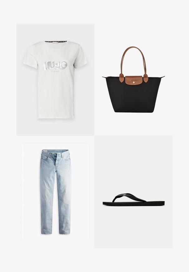 Weißes Baumwoll-T-Shirt mit kurzen Ärmeln, das ein silbernes Strass-Logo "LIU JO MILANO" in einer verspielten Schriftart auf der Vorderseite trägt.; Hellblaue Jeans aus Denim mit geradem Bein, zwei Fronttaschen und zwei Gesäßtaschen. Enthält einen Zwei-Knopf-Reißverschluss und dezente Nähte.; Schwarze Gummi-Flip-Flop-Sandale mit einem strukturierten Riemen und einfacher flacher Sohle, von der Seite auf einem schlichten hellen Hintergrund dargestellt.; Schwarze Nylon-Tote-Tasche mit braunen Lederakzenten und -griffen. Verfügt über einen Druckverschluss und eine Fronttasche mit einem Logo-Detail.