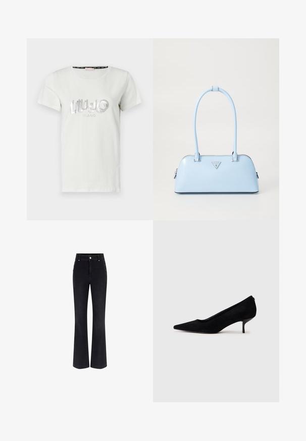 Weißes Baumwoll-T-Shirt mit kurzen Ärmeln, das ein silbernes Strass-Logo "LIU JO MILANO" in einer verspielten Schriftart auf der Vorderseite trägt.; Schwarze Jeans aus Denim im Schlagstil mit hoher Taille, fünf Taschen-Design und metallischen Knopfakzenten an den Seiten. Glatte Textur und klassischer Schnitt.; Schwarzer Wildleder-High-Heel-Schuh mit spitzem Zeh und slim, niedrigem Absatz. Glatte Textur mit elegantem Design, ohne sichtbare Beschläge.; Helle blaue Handtasche mit strukturierter Form, glattem Leder, zwei Griffen und einem dreieckigen Markenlogo auf der Vorderseite. Mit Reißverschluss.