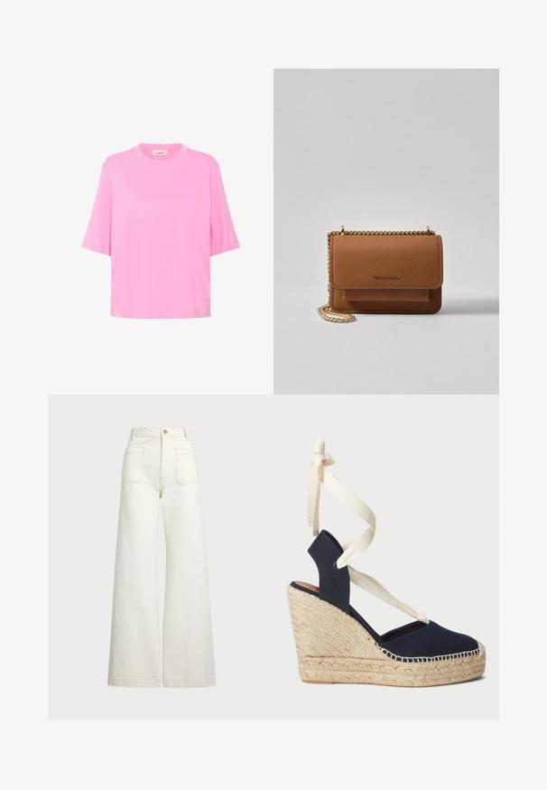 Rosa bomull t-shirt med kort ärm, rund hals och avslappnad passform. Slät textur med en enkel, enfärgad design.; Vida jeans i off-white denim. Hög midja med knappstängning, två framfickor och kontrastsömnadsdetaljer.; Marinblå canvas kilklackssandal med espadrille-repsula och krämfärgade bandknytningar runt ankeln. Stängd häl och rund tådesign.; Brun texturerad läder crossbody-väska med guldkedja och klaffstängning. Framsidan har logotypdetalj och en ficka under klaffen.