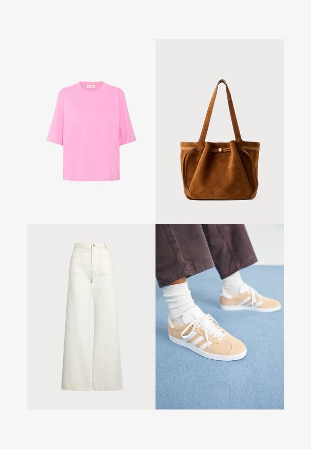 Ružový bavlnený tričko s krátkymi rukávmi, okrúhlym výstrihom a voľným strihom. Hladká textúra s jednoduchým, jednofarebným dizajnom.; Džínsy s širšími nohavicami v off-white denim. Vysoký pás s gombíkovým zapínaním, dve predné vrecká a kontrastné švy.; Béžové semišové tenisky s bielymi akcentmi, s tromi prúžkami, okrúhlou špičkou a štruktúrovanou podrážkou; spárované s bielymi ponožkami do polovice lýtok.; Hnedá semišová taška s dvoma uchami, uzatváraním na gombík a uvoľneným, mierne splošteným tvarom.