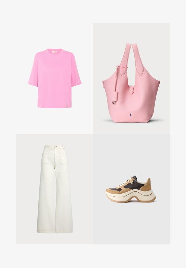 Rosa bomulds t-shirt med korte ærmer, rund hals og løs pasform. Glat tekstur med et enkelt, ensfarvet design.; Pæne brede jeans i off-white denim. Høj talje med knaplukning, to forlommer og detaljer med kontrastsyning.; Chunky sål sneakers i beige og mørkebrune nuancer med ruskindsdetaljer, hvide snørebånd og en lille gul MK charm på siden.; Rosa læder tote taske med tekstureret overflade, der har to forlængede håndtag og en lille aftagelig mærke. Logo placeret i bunden.