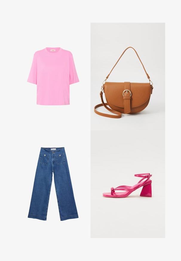 Pink cotton t-shirt with short sleeves, a round neck, and a relaxed fit. Smooth texture with a simple, solid color design.; Denim wide-leg jeans with a medium blue wash, two front pockets with button closures, and stitched detailing along the hems.; Pink patent leather heeled sandals with a square toe, narrow straps, and a geometric block heel. Features a buckle detail on the strap.; Brown leather crossbody bag with a curved shape, gold hardware, and a buckle accent. Features a detachable shoulder strap.