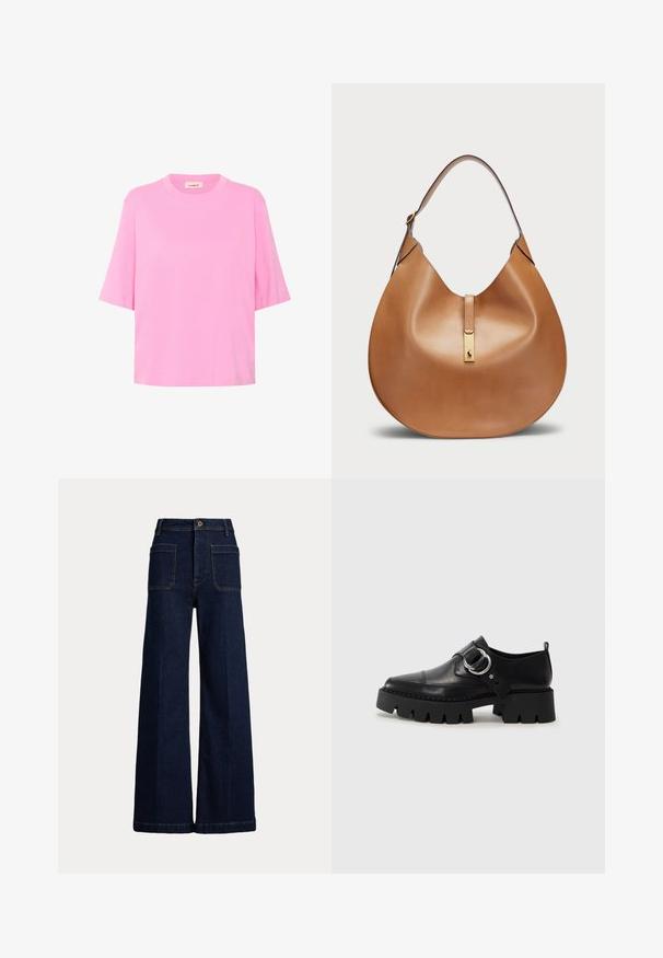 Rozā kokvilnas T-kreklu ar īsām piedurknēm, apaļu kaklu un brīvu piegriezumu. Gluda tekstūra ar vienkāršu, vienkrāsainu dizainu.; Platām kājām tumši zilas džinsu bikses ar augstu jostasvietu, piecu kabatu dizainu un kontrastējošu šuvi. Iekļauj poga aizdari un strukturētu formu.; Melni ādas apavi ar masīvu, rievojumu zoli, ar apaļu sudraba aksesuāru un minimālām šuvēm.; Tan krāsas ādas rokassoma ar izliekta formu un plašu plecu siksnu. Iekļauj zelta metāla akcentu centrā un vienmērīgu tekstūru.