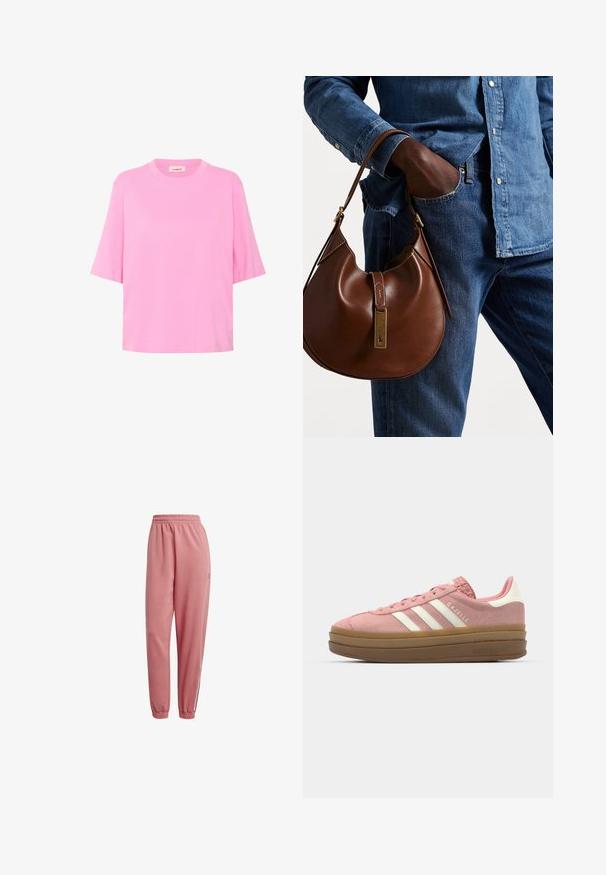 Tricou din bumbac roz, cu mâneci scurte, gât rotund și o croială lejeră. Textură netedă, cu un design simplu, într-o singură culoare.; Pantaloni de jogging roz cu talie elastică, picioare înguste și manșete cu nervuri. Prezentă detalii cu logo pe picior și dungi contrastante pe laterale.; adidas Originals GAZELLE BOLD - Sneakers low - mauve/off white; Geantă hobo din piele maro, cu o formă rotunjită, având un accent din hardware aurie și cusături în contrast. Asortată cu o cămașă din denim și blugi.