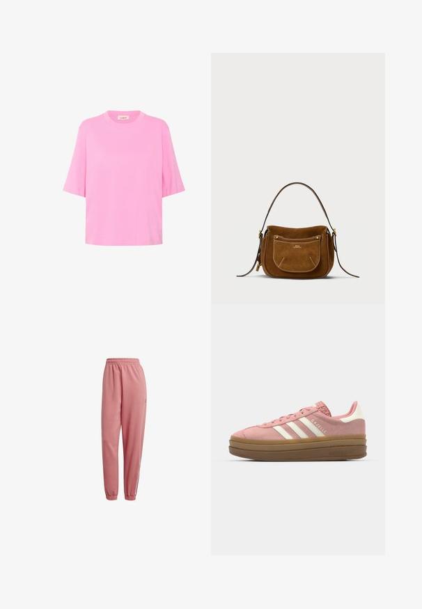 Ružový bavlnený tričko s krátkymi rukávmi, okrúhlym výstrihom a voľným strihom. Hladká textúra s jednoduchým, jednofarebným dizajnom.; Ružové teplákové nohavice s elastickým pásom, zužujúcimi sa nohavicami a rebrovanými manžetami. Má logo detail na nohavici a kontrastné pruhy po stranách.; adidas Originals GAZELLE BOLD - Tenisky - mauve/off white; Hnedá semišová taška na rameno s zakriveným tvarom, kontrastným prešívaním, zlatými akcentmi a zipsom na prednej strane.