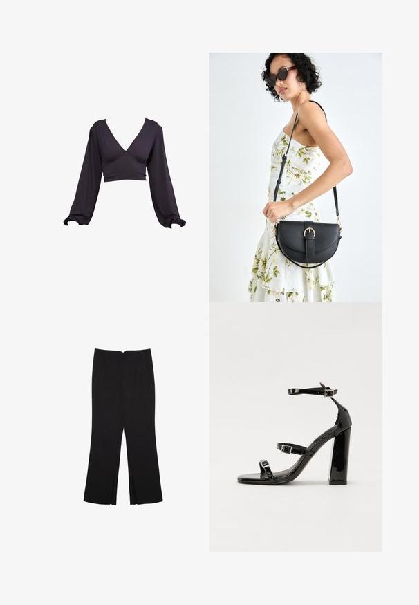 Tamno ljubičasti crop top s V-izrezom, dugim napuhanim rukavima i elastičnim manžetama. Izrađen od glatkog, rastezljivog materijala s uskim strukom.; Crne hlače ravnog kroja, s prednjim džepovima i bočnim prorezima na rubu. Izrađene od mekog i glatkog materijala. Pogodne za razne prigode.; Crne lakirane sandale na visoku petu s dva remena s kopčama, kvadratnim vrhom i masivnom blok petom, s glatkom, sjajnom teksturom.; Crna kožna torba s lukovitim oblikom, odvojivim remenom i zlatnim detaljima. Torba ima preklop s kopčom.