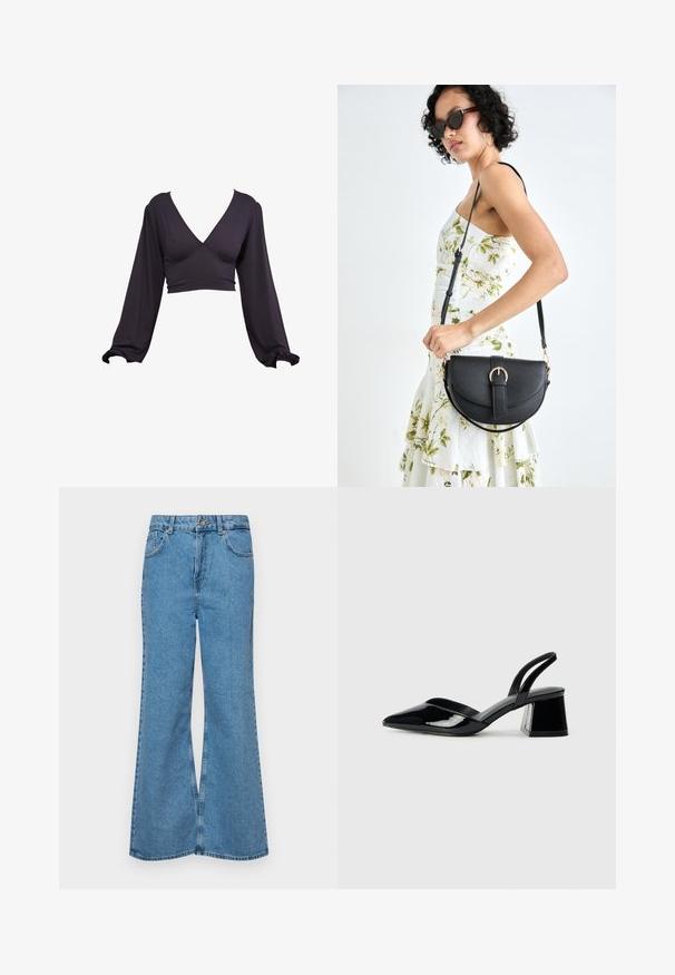 Dark purple crop top with a V-neckline, long puff sleeves, and elastic cuffs. Made from a smooth, stretchy fabric with a fitted waist.; Light blue flared jeans made of denim, featuring a high waist, five pockets, and a single button closure. Soft texture with faded finish.; Black patent leather slingback heels with a pointed toe and a geometric block heel. Features a sleek, minimal design and smooth texture.; Black leather handbag with a curved shape, detachable strap, and gold hardware. The bag features a flap with a buckle detail.