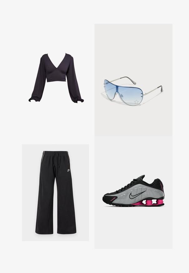 Dark purple crop top with a V-neckline, long puff sleeves, and elastic cuffs. Made from a smooth, stretchy fabric with a fitted waist.; Black sweatpants made of soft fabric, featuring an elastic waistband with a drawstring, side stripes, and a small logo on the front left.; Black and gray Nike running shoe with pink spring-like heels and black laces, shown from the inner side on a white background.; Aviator sunglasses featuring a gradient blue lens, silver metal frame, and decorative star accents on the lens. Smooth and sleek design.