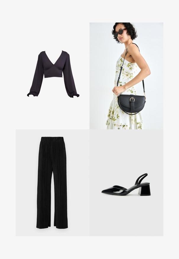 Mørk lilla crop top med V-hals, lange pufferm og elastiske mansjetter. Laget av et glatt, elastisk stoff med en tettsittende midje.; Sorte plisserte bukser med elastisk midje. Har vide ben og et glatt, strukturert stoff med vertikale striper.; Svarte patentlær slingback hæler med spiss tå og geometrisk blokk hæl. Har et stilrent, minimalistisk design og jevn tekstur.; Svart lærveske med en buet form, avtagbar stropp og gullbeslag. Vesken har et klaff med spenne-detall.