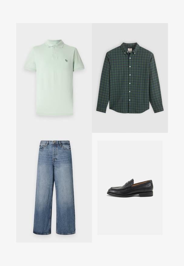 Világoszöld pamut póló, gombos nyakkal, rövid ujjal és egy kis hímzett logóval a bal mellen.; Hosszú ujjú gombos ing zöld, kék és sárga kockás mintával, fehér gombokkal és gombos gallérral.; Széles lábú kék farmernadrág, elhalványodott mosással, öt zsebbel és gombos zárással. Övhurkokkal és steppelt részletekkel ellátva.; Fekete bőr loaferek sima felülettel, lekerekített orral és díszítő varrással a lábfejen. Alacsony, réteges sarkú és enyhe fényű.