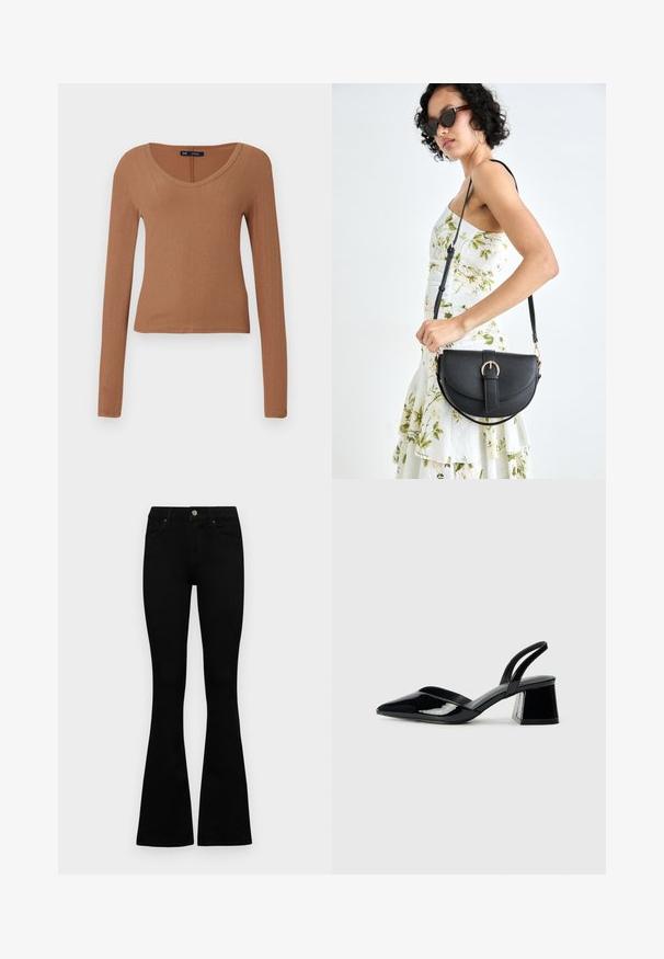 Brūna, ribota, garām piedurknēm augša ar izgriezumu un pieguļošu dizainu. Izgatavota no mīksta, elastīga materiāla ērtībai.; Melni augsta jostas šorti ar pogu un rāvējslēdzēju, priekšējām kabatām un izplestām kājām, nolikti uz balta fona.; Melna lakota āda ar atvērto papēdi, ar smailu purngalu un ģeometrisku blokpapēdi. Iezīmējas elegants, minimāls dizains un gluda tekstūra.; Melnas ādas rokassoma ar izliekta formu, noņemamu siksnu un zelta aksesuāriem. Somai ir vāciņš ar sprādzes detaļu.