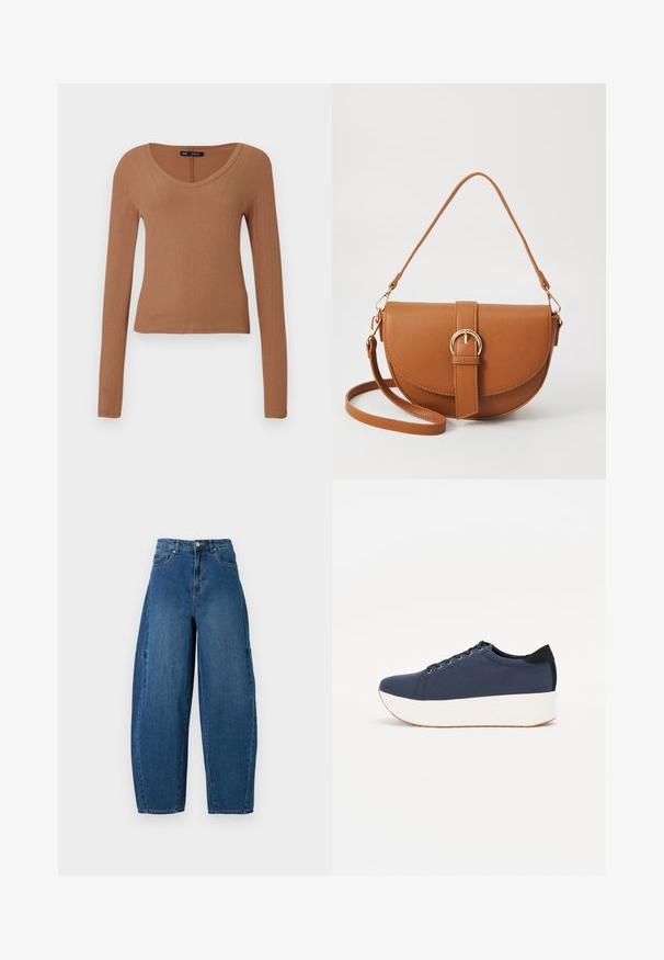 Pruun, ribaga ja pika varrukaga topp, millel on avatud kaelus ja ülikitsas disain. Valmistatud pehmest, venivast materjalist mugavuse tagamiseks.; Keskmise sinise tooniga teksad, millel on kõrge talje, lai jalaliik ja standardne viie taskuga disain koos nähtavate õmbluste detailidega.; Tumedat sinised tennised tekstureeritud riidest pealispinnaga, valge platvormi tallaga, ümarate varvaste ja musta kontsapaneeliga. Omab kuut silma paelte jaoks.; Pruun nahast õlakott, millel on kumer kuju, kullavärvi riistvara ja pandlaga kaunistus. Omab eemaldatavat õlarihma.