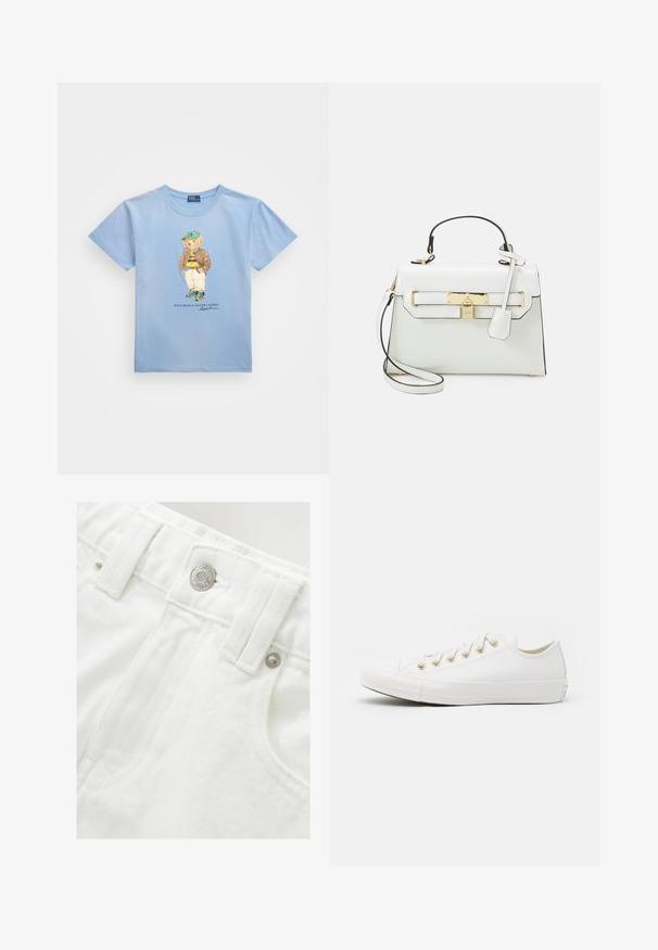 Polo Ralph Lauren POLO BEAR COTTON JERSEY T-SHIRT - Trükipildiga T-särk - chambray blue; Valged teksased šortsid struktureeritud talje, hõbedase nööbi detaili ja tekstuurse kangaga. Omab esikotte ja korralikku õmblust.; Converse CHUCK TAYLOR ALL STAR - Tossud - vintage white/light gold; Valge käekott krokodillimustriga, kuldsete detailidega, ülemise käepideme ja eemaldatava õlavööga; lukuga sulgemine ja minimaalne disain.