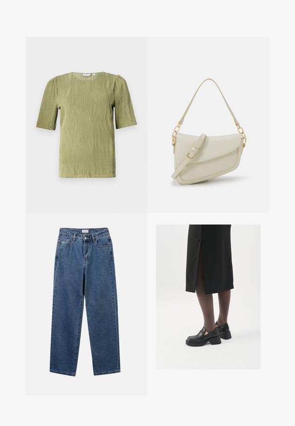 Short-sleeve top in light olive green with textured wave pattern. Round neckline and slightly gathered shoulders. Soft fabric.; Classic blue denim jeans with a straight-leg design, five pockets, and a button closure. Features a medium wash and sturdy texture.; Black leather shoes with a rounded toe, thick block heel, and elastic side accents, paired with dark tights and a black skirt with a slit.; Small cream handbag with a textured finish, a long adjustable strap, a chain accent, and a flap closure. Gold hardware detailing.; Silver hoop earrings with a twisted design, featuring a polished finish and post-back closure. Measure approximately 3 cm in diameter.