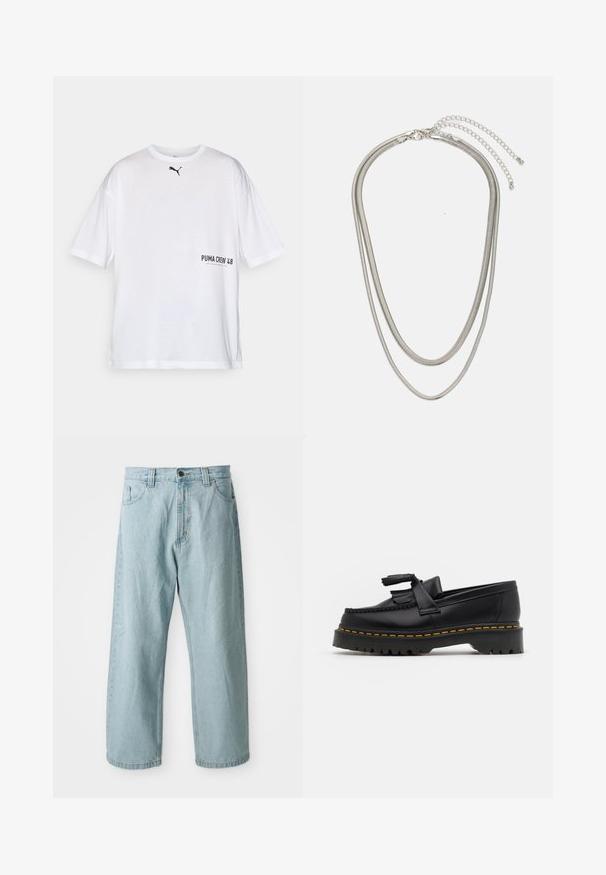 Fehér pamut póló rövid ujjakkal, kerek nyakkal, amelyen egy kis fekete Puma logó és a "PUMA CREW 48" felirat látható fekete színben az elején.; Világoskék farmernadrág széles lábbal. Öt zsebbel, elülső gombos és cipzáros záródással, valamint enyhén megfakult textúrával rendelkezik.; Fekete bőr mokaszin, rojtos díszítéssel, masszív fekete talppal és sárga varrással az élén. Texturált felület.; Háromrétegű ezüstszínű fém nyaklánc, letisztult, rugalmas láncokkal, enyhe fényességgel, homárkapoccsal rögzítve és állítható lánccal.
