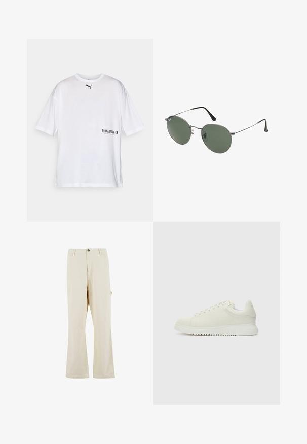 Valge puuvillane T-särk lühikeste varrukatega, ümar kaelus, millel on ees väike must Puma logo ja mustalt trükitud "PUMA CREW 48".; Beez, laiad jalgpüksid, mis on valmistatud puuvilla segakangast, millel on nööbiga sulgemine. Omab küljetaskuid ja peent tekstuuri. Õmbluste detailid on nähtavad.; Valge nahkne sneaker, millel on tekstureeritud pealmine osa, ümar varvas, lame valge talla ja tooni järgi seotud paelad. Disciple brändimine keelega.; Metallist raamistikuga prillid ovaalsete roheliste läätsedega. Õhuke hõbedane metallraam ja mustad kõrvakatted. Minimalistlik disain, nähtavad logod puuduvad.