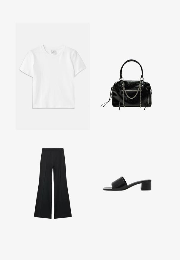 Tricou alb din bumbac cu guler rotund, mâneci scurte și tiv drept. Etichetă cu inscripția "Won Hundred" la mijlocul gulerului.; Pantaloni negri cu croială largă, având o textură netedă, cu pliseuri frontale și un design croit. Materialul este ușor și fluid.; Sandal cu vârf deschis din piele neagră, cu o curea lată și un toc solid. Prezintă o textură netedă și un design minimalist.; Bershka WITH CHAIN - Geantă de mână - black