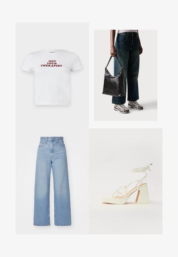 Camiseta branca de algodão com mangas curtas, apresentando texto bold em bordeaux que diz "NÃO SOU O TEU TERAPEUTA" numa fonte divertida.; Jeans de cintura alta e perna larga em azul claro, com fecho frontal de botão e zíper, bolsos frontais e traseiros, sobre um fundo branco.; Sandálias brancas de salto alto com um salto robusto, apresentando um design com tiras e amarração no tornozelo. Textura suave com uma plataforma na frente para altura adicional.; Bolsa de ombro em couro preto com textura suave e alça ajustável, combinada com jeans de perna larga desbotados e ténis desportivos.
