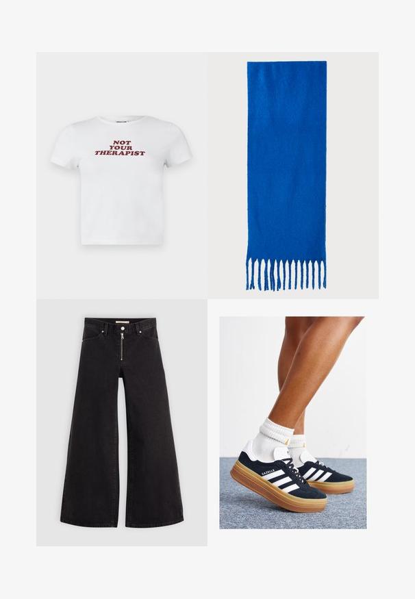 Camiseta de algodón blanca con mangas cortas que presenta un atrevido texto en color burdeos que dice "NO SOY TU TERAPEUTA" en una fuente divertida.; Jeans de pierna ancha en denim negro con cierre frontal, diseño de cinco bolsillos y detalles de costura sutiles. Textura suave y estilo casual.; Zapatillas deportivas de gamuza negra con rayas y detalles blancos, puntera redondeada, suela de goma color caramelo, combinadas con calcetines blancos acanalados a la altura del tobillo.; Bufanda azul con flecos, hecha de un tejido suave; presenta un color sólido con una superficie texturizada y flecos cortados de manera uniforme en la parte inferior.; Bolso cruzado negro hecho de material sintético texturizado. Presenta un diseño de logo en relieve y correa ajustable. Cierre con cremallera.