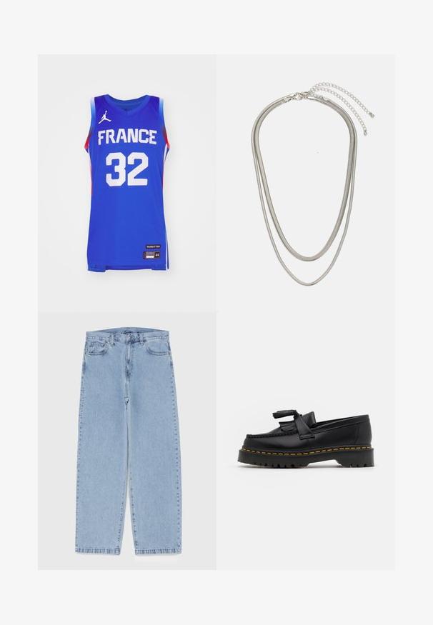 Maglia da basket blu con "FRANCE" stampato in bianco e "32" sotto. Presenta un tessuto a rete, design senza maniche e dettagli rossi sui lati.; Jeans in denim azzurro chiaro con design a gamba dritta, caratterizzati da una vita media, cinque tasche e chiusura con bottone e zip.; Mocassino in pelle nera con un'accento a frange, dotato di una suola nera spessa e cuciture gialle lungo il bordo. Finitura testurizzata.; Collana in metallo argentato a tre strati caratterizzata da catene sottili e flessibili con una leggera lucentezza, fissata con un gancio a molla e una catena regolabile.