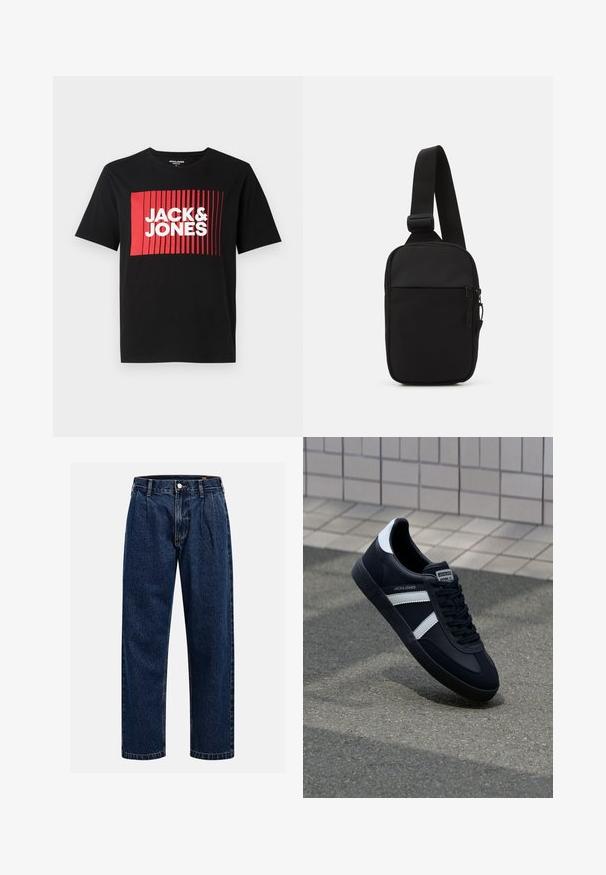 Black t-shirt with short sleeves featuring a red rectangular graphic design with vertical lines and the text "JACK & JONES" in white.; Dark blue denim jeans with a straight-leg design. Features visible stitching, a button closure, and front pleats for added detail.; Black leather sneaker with white stripes, textured rubber sole, and lace-up front. Features a branded label on the tongue.; Black crossbody bag made of durable fabric, featuring a single adjustable strap, a zippered main compartment, and a front pocket.