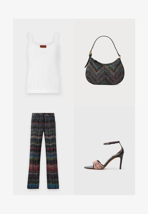 Valge lõngakootud top kalasabamustriga, millel on õhukesed rihmad ja V-kujuline kaelus. Sildil on brändinimi "Missoni."; Mitmevärvilised, sädelevad laiad püksid, millel on vertikaalne triibumuster mustades, punastes, rohelistes, sinistes ja kuldsetes toonides. Elastne vöökoht.; Mustad mustakontsaga sandaal, millel on pahkluu rihm. Esitakse tekstureeritud, mitmevärvilise kangasnööriga varba kohal. Ümarda nahkviimistlus.; Mustas käekott on kõverate joontega, esindades mitmevärvilist chevron-mustrit ja metallthreadi. Koti küljes on nahkrihm ja kullatud detailid.