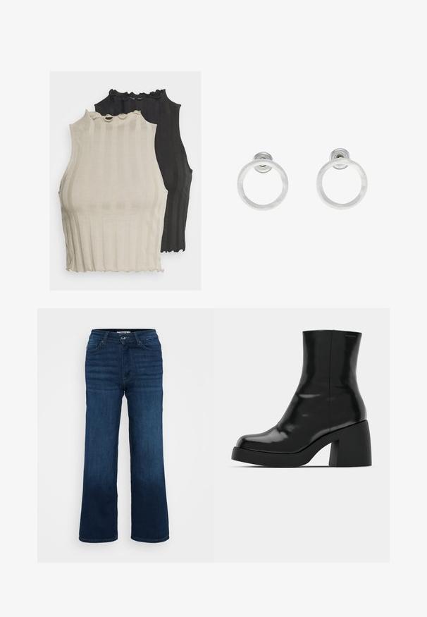 Two ribbed sleeveless tops are shown, one in light beige and the other in black. Both have a scalloped neckline and a fitted shape.; ONLY Petite ONLMADISON BLUSH WIDE - Wide Leg - dark blue denim; Black ankle boots with a glossy finish, square toe, and a thick block heel. The design features a seamless silhouette and minimal branding.; Silver metal hoop earrings with a brushed texture, featuring a circular design and a clear post back for secure wear.