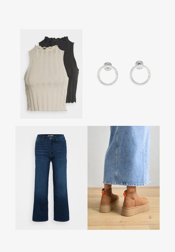 Na zdjęciu przedstawione są dwa prążkowane topy bez rękawów, jeden w jasnym beżu, a drugi w czerni. Oba mają falbaniasty dekolt i przylegający krój.; ONLY Petite ONLMADISON WIDE ciemnoniebieski; Brązowe zamszowe buty na platformie z elastycznymi bokami i pomarańczowymi uchwytami, w połączeniu z jasnoniebieską spódnicą do kolan na drewnianej podłodze.; Srebrne metalowe kolczyki w kształcie obręczy z matową teksturą, z okrągłym wzorem i przezroczystym zapięciem typu post, zapewniającym bezpieczne noszenie.