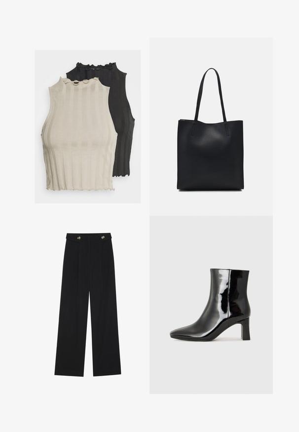 Two ribbed sleeveless tops are shown, one in light beige and the other in black. Both have a scalloped neckline and a fitted shape.; Black wide-leg trousers with high waist, button details on waistband, and front pleats.; Black patent leather ankle boot with a pointed toe and a mid-height block heel. Smooth texture and minimalist design.; Black leather tote bag with smooth texture, rectangular shape, and two long handles. No visible hardware or embellishments.
