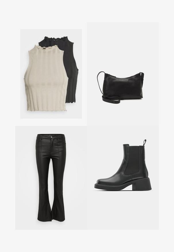 Två ribbade ärmlösa toppar visas, en i ljusbeige och den andra i svart. Båda har en vågig halsringning och en figurnära passform.; Svarta utsvängda byxor med en glänsande, läderliknande yta, med framfickor, knappstängning och slitsar på sidorna av nederkanten.; Svarta läderankelstövlar med elastiska sidopaneler, rund tå och en kraftig klack. Slät textur med en minimalistisk design.; Svart läder axelväska med en slät yta, rundad form, justerbar rem och dragkedjestängning. Minimalistisk design utan utsmyckningar.