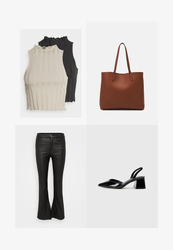 Sunt prezentate două bluze fără mâneci cu nervuri, una în bej deschis și cealaltă în negru. Ambele au un dekolte cu margini franjurate și au o formă ajustată.; Pantaloni negri evazați cu o textură lucioasă, asemănătoare pielii, prezentând buzunare frontale, închidere cu nasture și fante pe laterale la tiv.; Pantofi cu toc slingback din piele lacuită neagră, cu vârf ascuțit și toc geometric. Prezintă un design elegant, minimalist și o textură netedă.; Geantă de umăr din piele maro cu o textură netedă, design cu vârf deschis și două curele pentru umăr. Prezintă cusături minime și fără componente metalice vizibile.