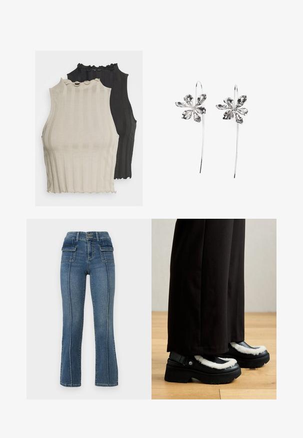 Sú predvedené dva rebrované bezrukávové topy, jeden v svetlej béžovej farbe a druhý v čiernej. Oba majú zúbkovaný výstrih a priliehavý strih.; ONLY Petite ONLWAUW MID WAIST FLARED - Zvonové džínsy - medium blue denim; Čierne platformové topánky majú biely chlpatý lem, zaoblenú špičku a strapec s kovovým gombíkom. Nosené s čiernymi nohavicami na drevenej podlahe.; Strieborné náušnice v tvare kvetu s textúrovaným povrchom, vybavené dlhými háčikmi a detailmi pripomínajúcimi lupene pre zložitý dizajn.