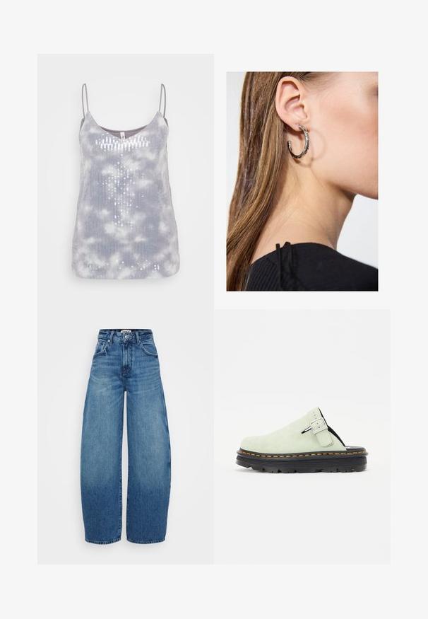 Szürke, puha tapintású ujjatlan felső, amelyen egy batikolt mintázat és függőleges elrendezésű flitterek találhatók, állítható vékony pántokkal.; Széles szárú kék farmernadrág magas derékkal, világosabból sötétebb árnyalatú mosással, elülső zsebekkel és gombos záródással.; Világos zöld velúr klumpák lekerekített orral, állítható csatpánttal és fekete textúrájú talppal, narancssárga varrás részletekkel.; Ez egy ezüst fülbevaló, sima felülettel, amelyen apró arany díszítőelemek találhatók. Kerek formájú és a fülcimpán viselik.