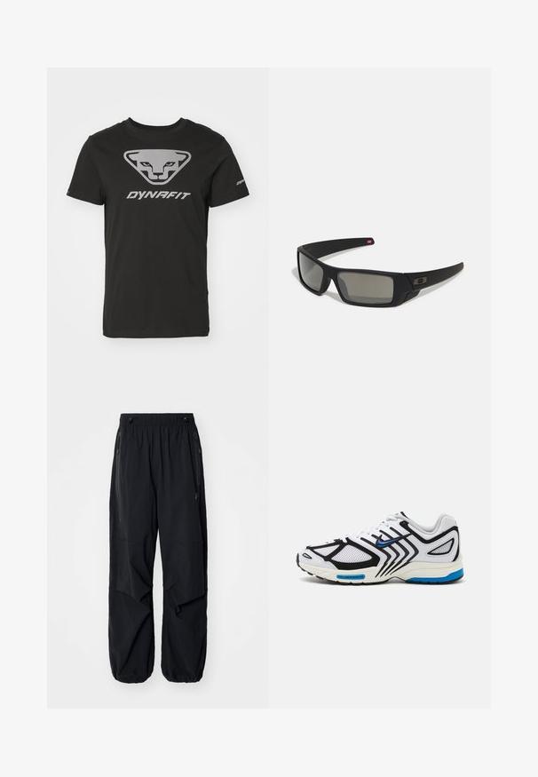 Juodas medvilnės marškinėliai su trikampio formos logotipu, kuriame pavaizduota stilizuota gyvūno veido figūra ir sidabrinis tekstas "DYNAFIT". Trumpomis rankovėmis, apvaliu kaklu.; Juodos lengvos krovininės kelnės su elastinga juosmeniu, šoninėmis užtrauktukais ir erdviomis kišenėmis. Turi laisvą prigludimą ir siaurėjančius rankogalius.; Baltas sportinis batelis su juodais akcentais, tinkleliais ir mėlynomis detalėmis. Ypatybėms priskiriamas tekstūruotas padas ir elegantiškos dizaino linijos.; Juodi akiniai saulės su matinio paviršiaus užbaigimu, stačiakampiai lęšiai, švelnus lenkimas ant šventyklų, subtilus logotipo detalizavimas ir dūminiai lęšiai.
