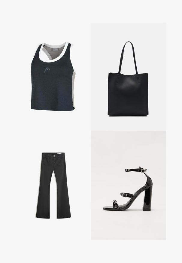 Atletisch tanktop in marineblauw en grijs met een witte rand. Heeft een ronde hals en een asymmetrisch ontwerp aan de achterkant. Gemaakt van een gladde stof.; Zwarte flared jeans van denim met een gladde textuur, voorzien van twee achterzakken en een knoopsluiting bij de taille.; Zwarte patent lederen sandalen met hoge hakken, twee gespenbanden, een vierkante neus en een stevige blokhak, met een gladde, glanzende textuur.; Zwarte leren handtas met een gladde textuur, rechthoekige vorm en twee lange handvaten. Geen zichtbare hardware of versieringen.