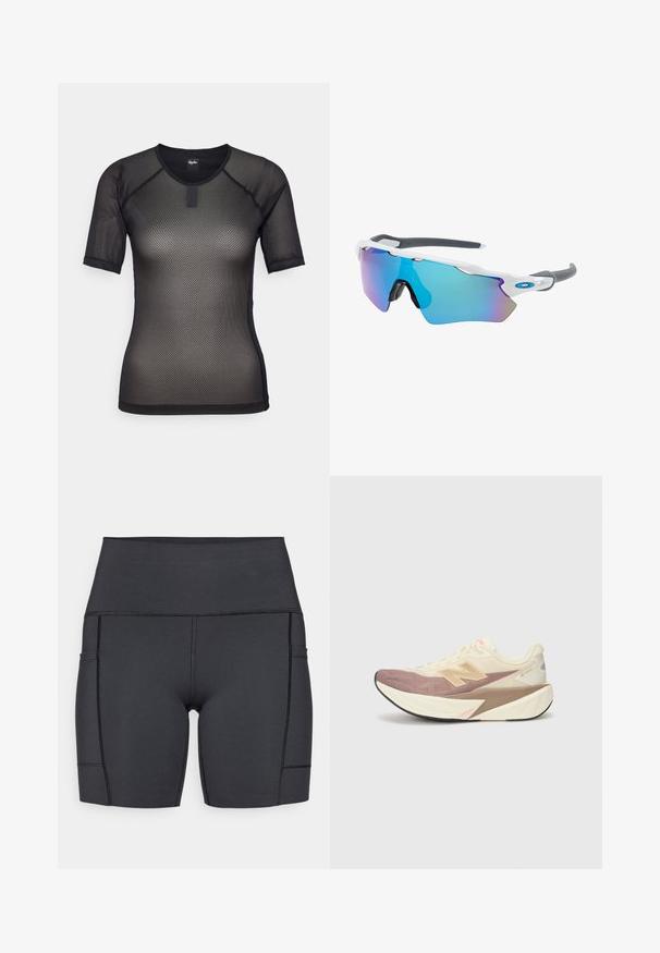 Svart kortärmad mesh-top med rund halsringning och raglanärmar. Har ett strukturerat mönster och en liten logotagg vid kragen.; Svarta högmidjade shorts tillverkade av stretchigt material, med sidofickor, plana sömmar och en slät yta för komfort under aktiviteter.; Löparskor med ett cremefärgat ovandel, rosa detaljer och grå inslag. Har en tjock sula med en texturerad yta och en framträdande logotyp.; Solglasögon med vit ram, grå detaljer och blå spegelglas. Sportig design, omslutande form och justerbara näskuddar.