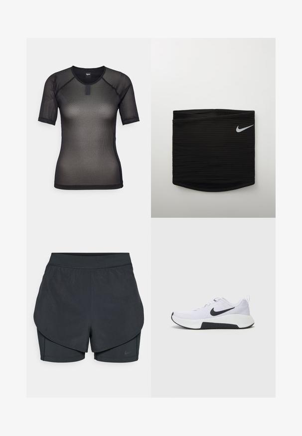 Melns īsām piedurknēm siets tops ar apaļu kakla izgriezumu un raglāna piedurknēm. Tam ir teksturēts raksts un neliels zīmola tagi pie apkakles.; Melnas sporta šortus ar slāņotu dizainu, kas ietver gludu ārējo slāni un pieguļošus iekšējos šortus. Izgatavoti no viegla, elastīga auduma.; Baltie sporta apavi ar sietveida augšdaļu, melnu Nike swoosh un teksturētu melnu zoli. Iezīmēta ar noapaļotu purngalu un mīkstinātu papēža dizainu.; Melnā sportiskā josta ar rievojumu tekstūru, kurai labajā pusē ir neliels balts Nike swoosh logo. Gluda, pieguļoša dizaina.