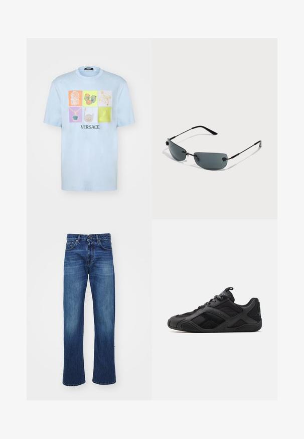 Gaiši zils T-krekls ar juvelierizstrādājumu ilustrāciju kolāžu dažādās krāsās, apakšā ir drukāts "VERSACE".; Zilās džinsu bikses ar taisnu kāju dizainu, kas ietver priekšējās kabatas, jostu cilpas un vieglu nodilumu gar augšstilbiem. Izturīga auduma tekstūra.; Melni sporta apavi ar gludu un teksturētu materiālu maisījumu, ar izteiktu dizainu, veidotu zoli un izteiktām zīmola detaļām.; Saulesbrilles ar elegantu melnu metāla rāmi, tumšiem stikliem, minimālisma dizainu un regulējamiem deguna balstiem ērtībai.