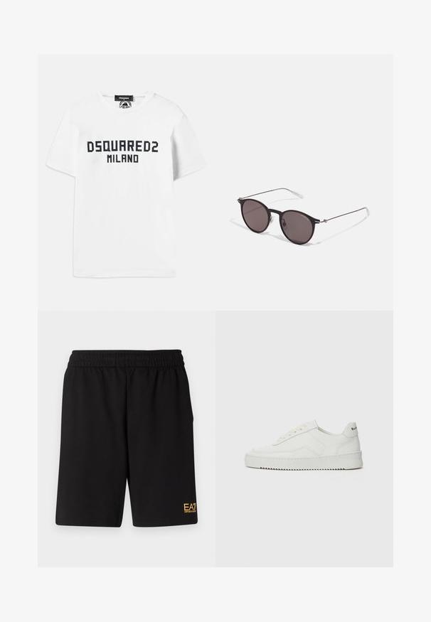 Dsquared2 COOL FIT TEE - T-shirt estampada - white/dark navy; Calções desportivos pretos feitos de um tecido suave, com um cós elástico e um pequeno logótipo amarelo EA7 na parte inferior da perna esquerda.; Sapatilha de couro branco com acabamento suave, bico redondo, atacadores planos e uma sola texturizada. Apresenta um logotipo discreto no calcanhar.; Óculos de sol redondos pretos com lentes escuras e hastes metálicas finas. Inclui pontas de templo transparentes e detalhes em prata na dobradiça. Design minimalista.
